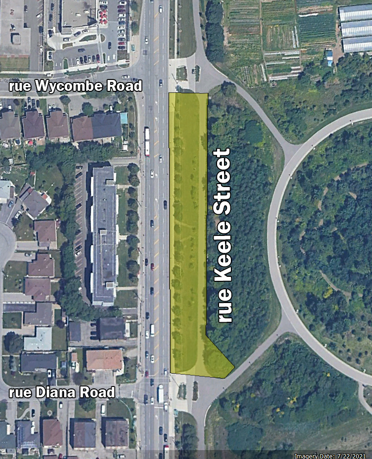 An aerial showing the area where work is anticipated to take place along Keele Street near Arbo.